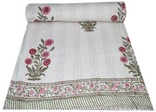 Indian hand Block Floral Kantha Quilt Blanket Cotton King Size Bedspread Throw