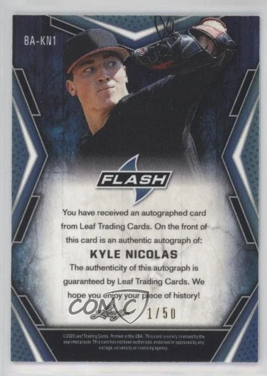 2020 Leaf Flash Blue /50 Kyle Nicolas #BA-KN1 Auto - Image 2 of 2