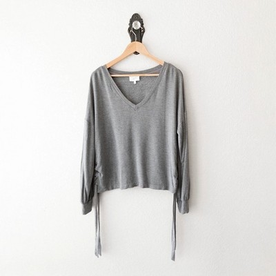 Soma Weekend Gray Soft Knit Pullover Top Large V-Neck Lace Up Side Casual