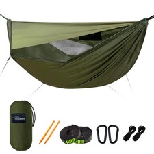 Travel Bird Camping Hammock with Mosquito Net and Sunshade, Top-army