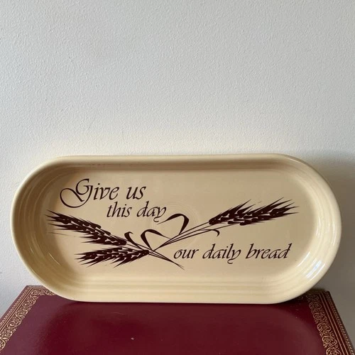 Fiesta Ceramic Oval Tray Wheat Pattern Beige Brown 14" USA "Give Us This Day"