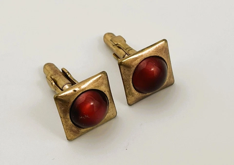 Vintage Manschettenknöpfe PIONEER roter Stein rund goldfarben Art Deco Cuff Links - Bild 2 von 4
