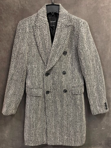 NEW EXPRESS $328 BLACK WHITE WOOL BLEND HERRINGBONE TOPCOAT COAT SZ XS - Picture 7 of 8