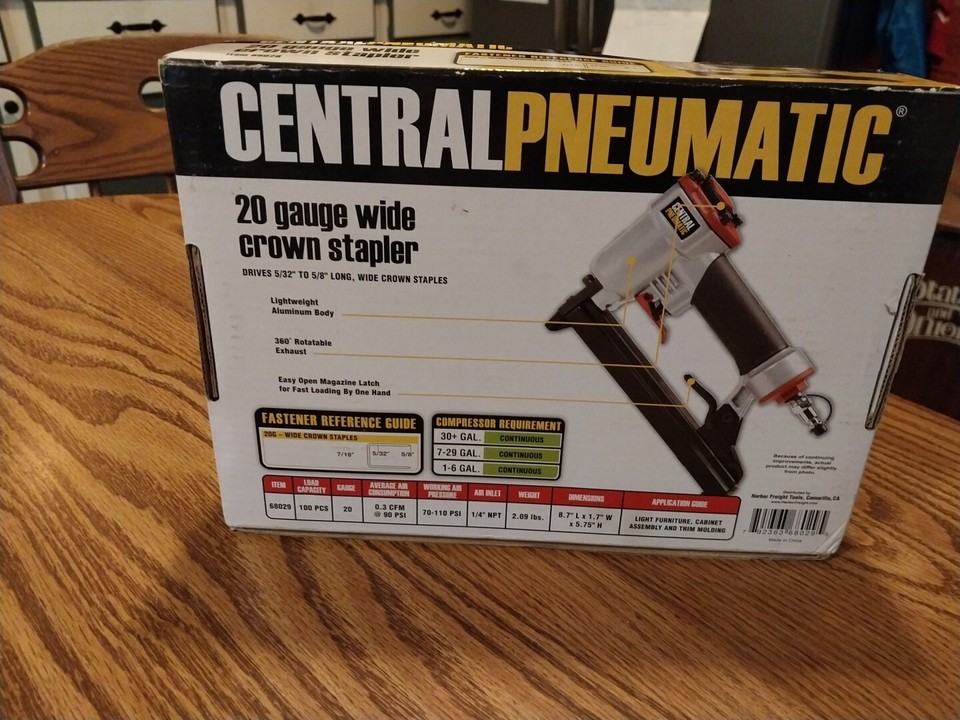 New Central Pneumatic 68029 20 Gauge Wide Crown Air Stapler holding 100