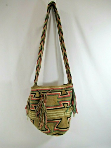 Wayúu Mochila Bag Woven Handbag Bucket with Shoulder Straps Colombian Pink Beige - Picture 2 of 9