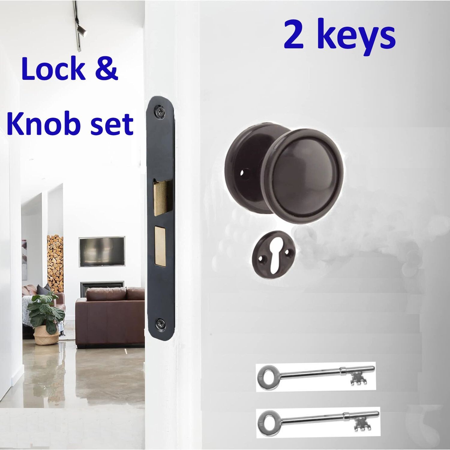 Door Lock Set 3 Lever Sashlock +Black Rim Door Knobs Sheds/Gates