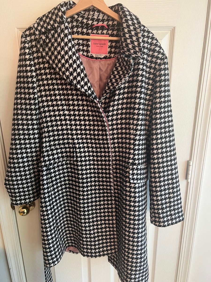 Kate Spade New York Wool Houndstooth Single Breasted Coat Black