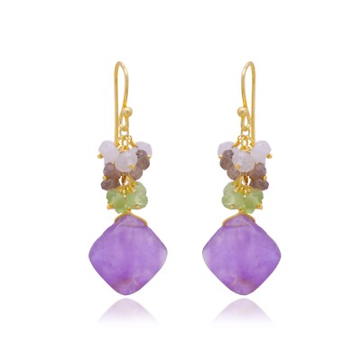 14k Gold Plated Earring Amethyst and peridot,Labradorite,Moonstone Cluster Drop