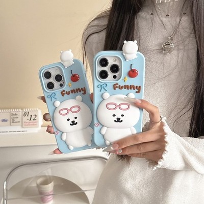 3D Cute White Bear with Pink Glasses Silicone Phone Case for iPhone 12-16Pro Max