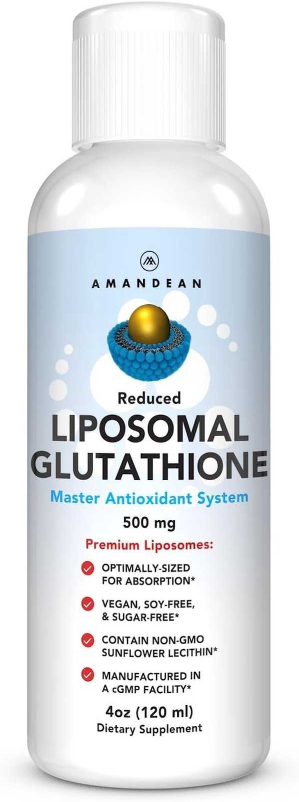 Amandean Liposomal Glutathione Supplement, Setria 500mg, No-GMO, Soy-Free 3.38oz