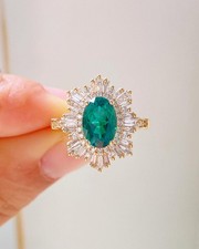 Green Oval Cut Simulated CZ Halo Bridal's 925 Sterling Silver Wedding Gift Ring