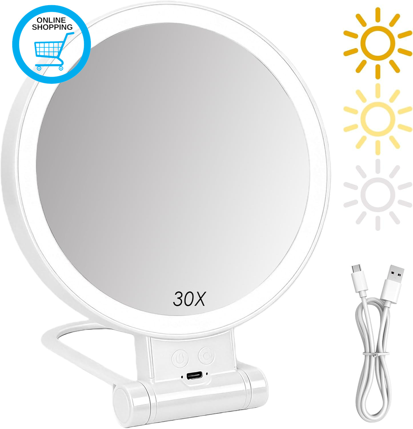 1X/30X Double Sided Magnifying Mirror with Light, Folding Lighted Rechargeable M