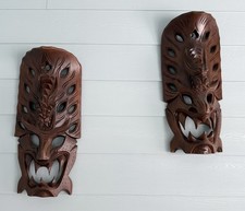 Vintage LARGE Wooden Tribal Dragon Mask Decor Set / 2