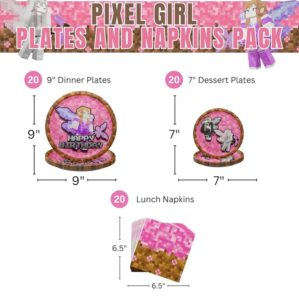 Pink Pixel Girl Birthday Party Plates Napkins Set Minecraft Party Supplies - Image 2 of 3