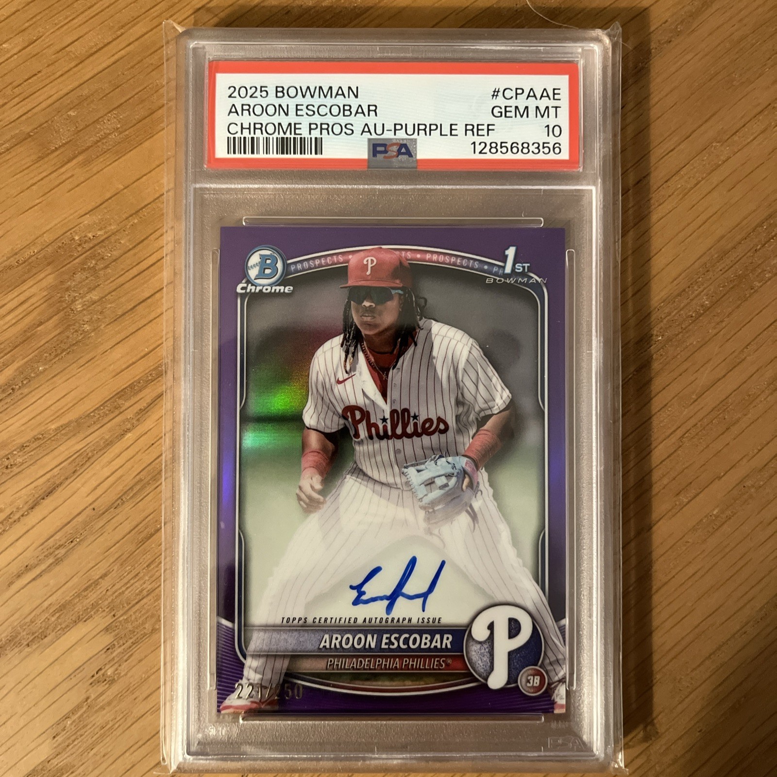2025 1st  Bowman Chrome Prospect Purple Refractor /250 Aroon Escobar PSA 10 Auto