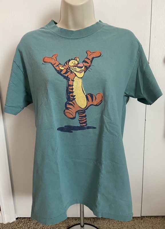 Vintage Disney Store Shirt Tigger Size M Single Stitch Teal Blue Sage Green