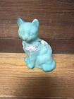Vintage Fenton Satin Glass Sage Mist Sitting Cat Figurine With Floral Blossoms