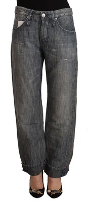 Acht Grau Gewaschene Ramie Gerade Denim Gefalteter Saum Damen Jeans Authentisch