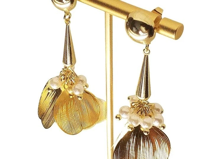 Abstract Flower Gold Metal Earrings, Filigree,  Art Deco, Hollow Out, Handmade - image 4 of 4