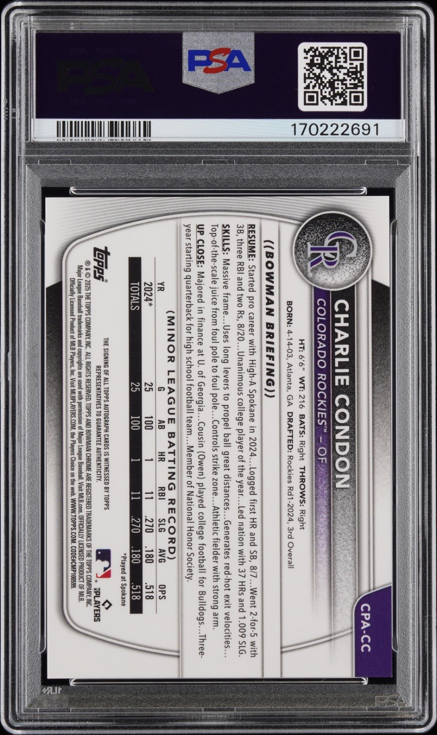CHARLIE CONDON 2025 BOWMAN TRUE ORANGE CHROME 1ST AUTO /25 POP 1 PSA 10 Q0296 view 2