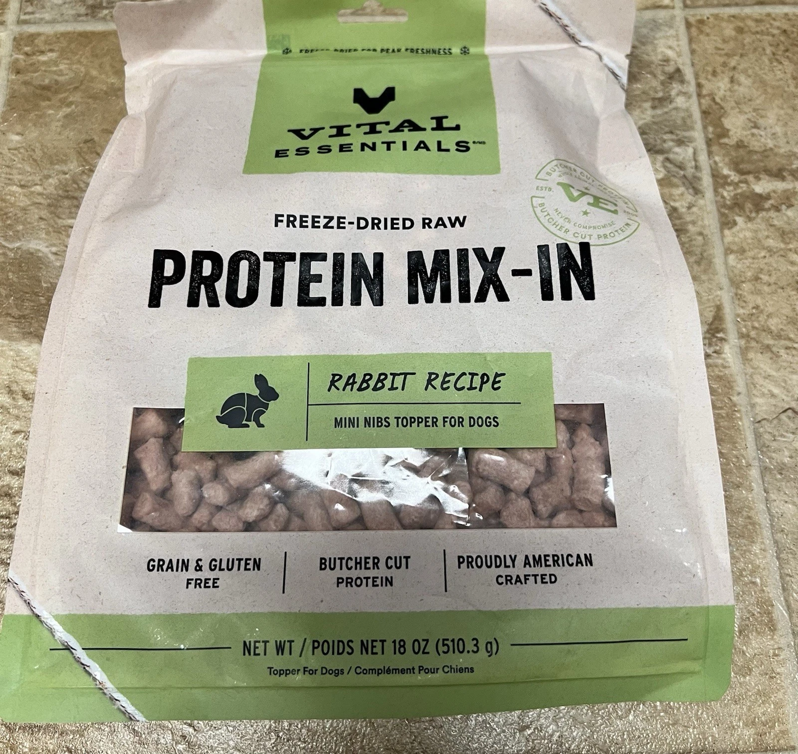 Vital Essentials Freeze-Dried Raw Rabbit Protein MixIn Nib Topper for dogs 18Oz