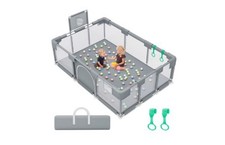 Babyeap 73X50 Extra-Large Playard with Basketball Hoop Gray