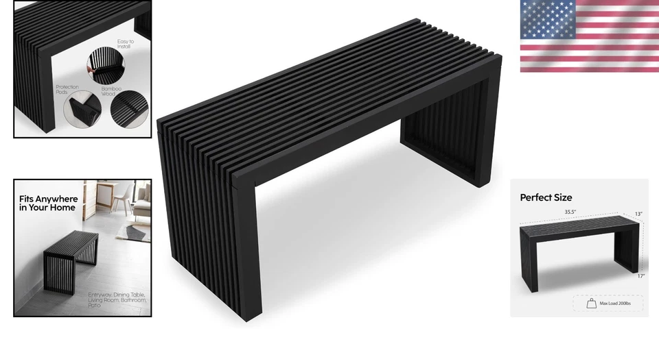 Elegante banco de bambú de 36" con patas estriadas - montaje rápido y capacidad de 500 libras Foto 2 de 4