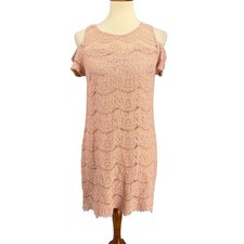 Monteau Pink Lace Dress Size Medium Floral Scalloped Hem Open Shoulder Coquette