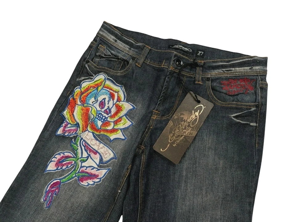 NEW Ed Hardy Straight Jeans Women 27 (31x34) Skull Rose Embroidered Applique Y2K - Image 3 of 4