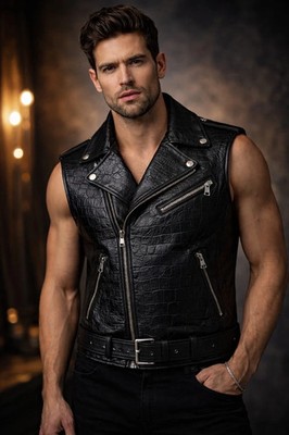 Mens Black Leather Biker Waistcoat Crocodile Textured Sleeveless Motorcycle Vest