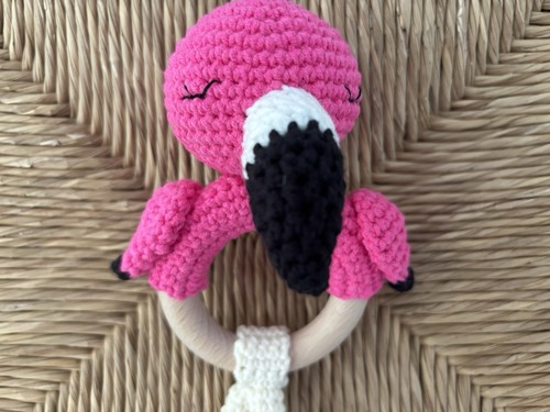 New Baby Crib Toy - Handmade Crochet Flamingo Rattle Toy and Book Shower Gift - Picture 4 of 9