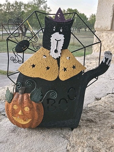 Vtg Halloween Metal Candle Holder Black Cat & Spider Web Spider jack-o'-lantern 