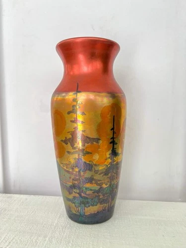 Weller LaSa Pottery Vase SIGNED Antique Red Gold Luster Glaze Tree Sunset Scene