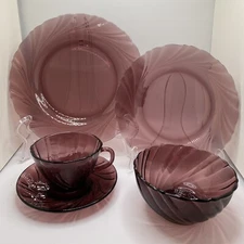 Vintage Duralex Bormioli Rocco Rivage Swirl Amethyst 5 Piece Place Setting EUC