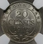 CANADA NEWFOUNDLAND 20 cents 1912 NGC MS 61 UNC King George V Silver Britain