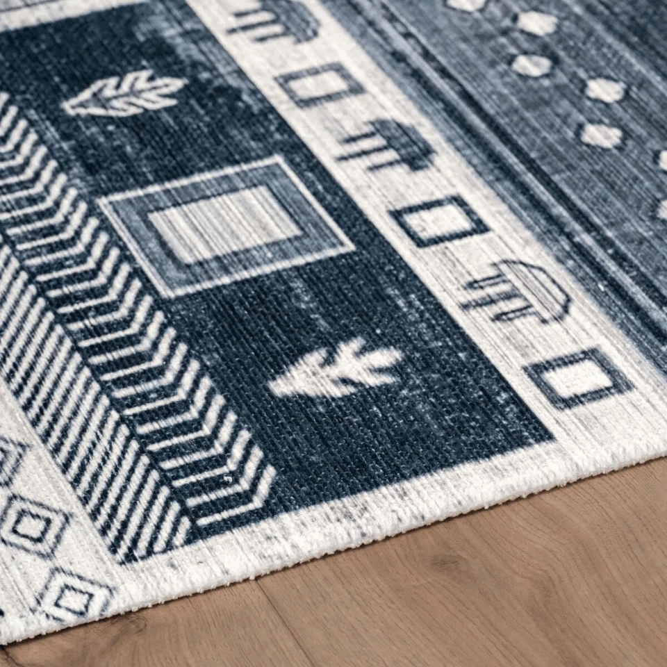 Alfombra de chenilla azul estampado escandinavo, alfombra de corredor antideslizante lavable Foto 3 de 4