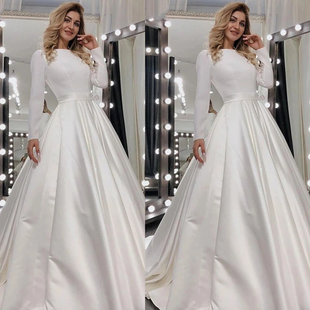 Simple Satin Wedding Dresses White Ivory Long Sleeves Sweep Train Bridal Gowns - Picture 1 of 10