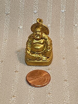 MINIATURE GOLD TONED ''LAUGHING'' BUDDHA WITH HAT FOR DOLLHOUSE OR ROOMBOX 