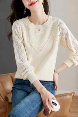 Cardigan Maglia Pullover Donna Morbido Maglione Bianco Girocollo