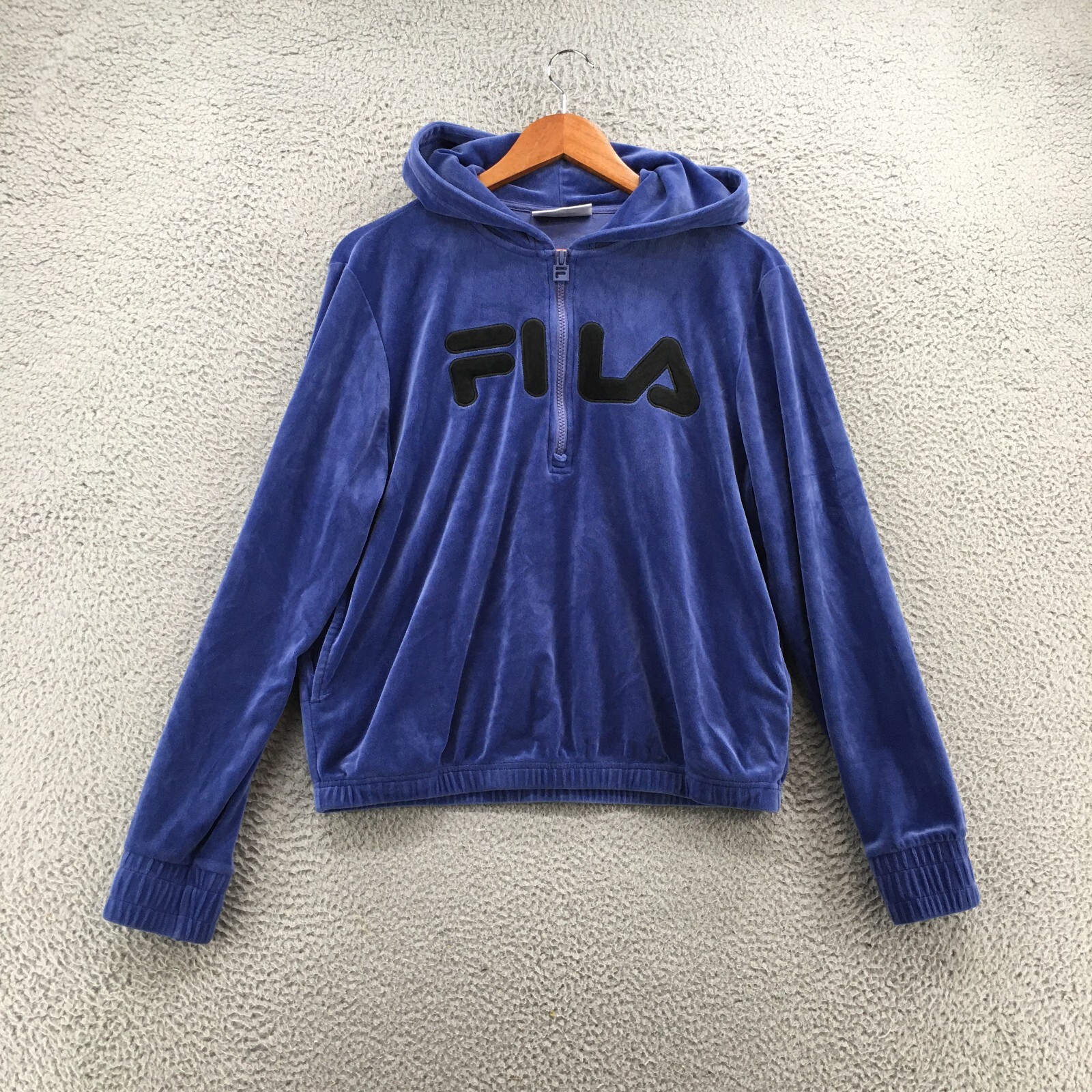 Felpa con cappuccio Fila donna M velluto blu 1 2 zip maniche lunghe tasche laterali