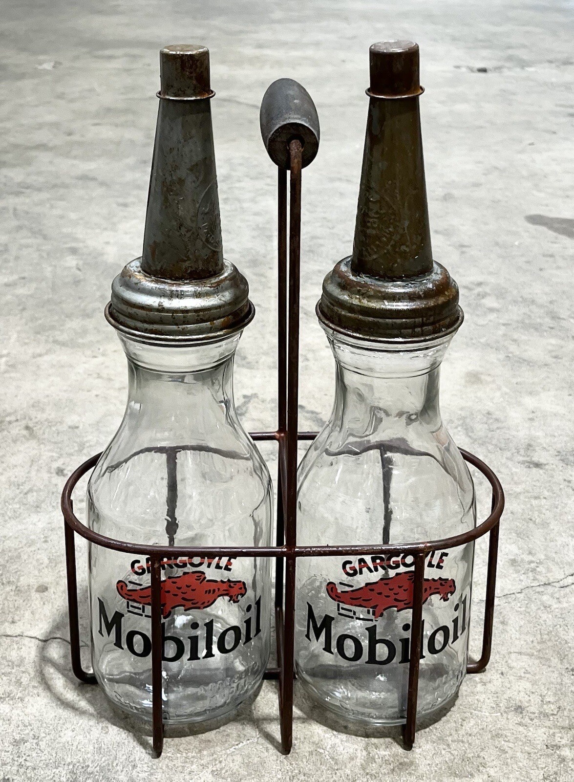 Set of (2) GARGOYLE Mobiloil Motor Oil Bottles w/ Metal Wire Oil Bottle