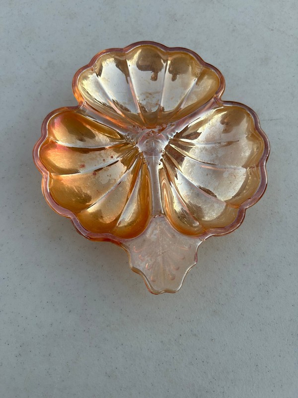 Carnival Glass Marigold Iridescent 3 Section Clover Leaf Candy Dish Vintage