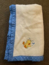 Little Suzys Zoo Baby Blanket White fleece Blue polka dot trim embroidered Witzy