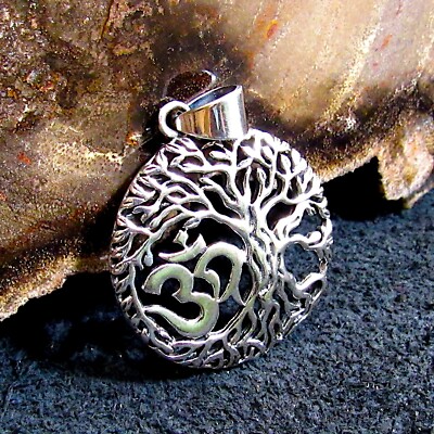 Massiver 925 Sterling Silber OM Aum Ohm Lebensbaum Yggdrasil Anhänger Yoga Schmuck