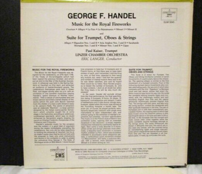 1978 George Handel Royal Fireworks &Trumpet Suite CMS Records SUM5045 33RPM VG