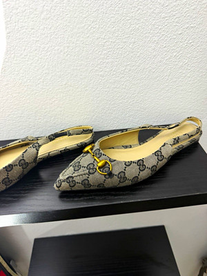 Gucci Beige Black GG Canvas Pointed Toe Slingback Heels Horsebit EU 38