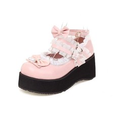 Women's Girls Bowknot Pearl Lace Decor Round Toe Wedge Heels Shoes Casual Dress