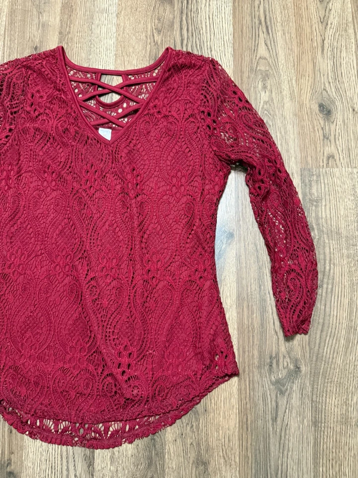 No Boundaries Shirt, Youth Girl's Size Medium, Red, Lace, 3/4 Sleeve Shirt - Image 4 of 4