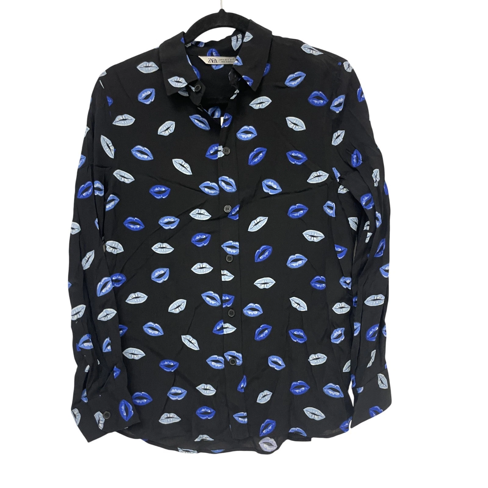 Zara Womens Blouse Shirt M Medium Lip Print Black Blue slim fit 2328/004 NWT