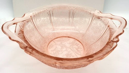 Vintage Jeanette Pink Depression Glass Cherry Blossom 2 Handled Serving Bowl